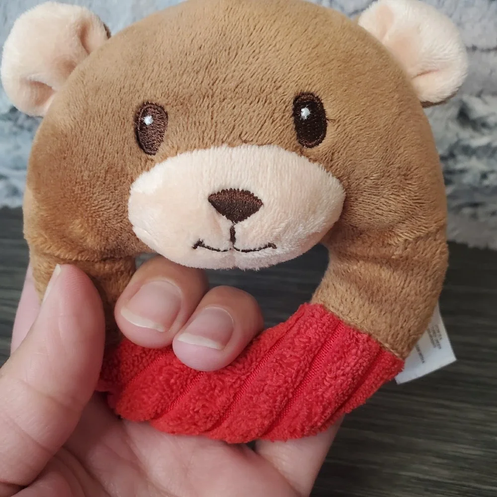Grin & Grow‎ Plush Textured Brown And Red Teddy Bear Infant Rattle